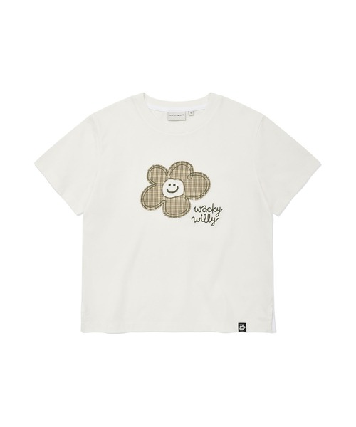 Wacky WiLLy(ワッキーウィリー)の「WOMEN'S CHECK LILY SEMI CROP SHORT SLEEVE T-SHIRT(Tシャツ/カットソー・レディース・ホワイト/ネイビー/オートミール・SMALL/MEDIUM)」の1枚目の写真