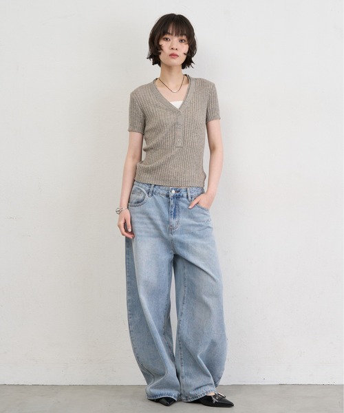 NUJOH(ヌゾ)の「Henley Rib Knit Top / ヘンリーリブニットトップス(ニット/セーター・レディース・グレー/ライトベージュ/アイボリー/ライトブルー・FREE)」の10枚目の写真