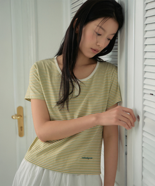 WEDNESDAYOASISFORWOMEN(ウェンズデー オアシス フォー ウーマン)の「アルロストライプヘンリーネック半袖Tシャツ_YELLOW(WB6TP29)(Tシャツ/カットソー・レディース・イエロー・FREE)」の1枚目の写真