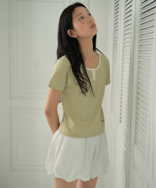 WEDNESDAYOASISFORWOMEN(ウェンズデー オアシス フォー ウーマン)の「アルロストライプヘンリーネック半袖Tシャツ_YELLOW(WB6TP29)(Tシャツ/カットソー・レディース・イエロー・FREE)」の4枚目の写真