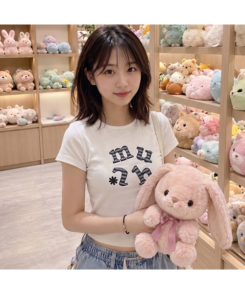 muahmuah（ムーアムーア）の「ダブルチェックパッチ半袖Tシャツ [4色]（Tシャツ/カットソー・レディース・ブラック/ホワイト/グレー/ネイビー・FREE）」の2枚目の写真