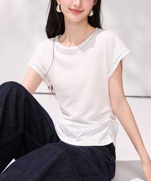 LUCPY(ラクピー)の「配色ステッチフレンチスリーブトップス(その他トップス・レディース・ホワイト・X-LARGE/LARGE/MEDIUM/SMALL)」の3枚目の写真
