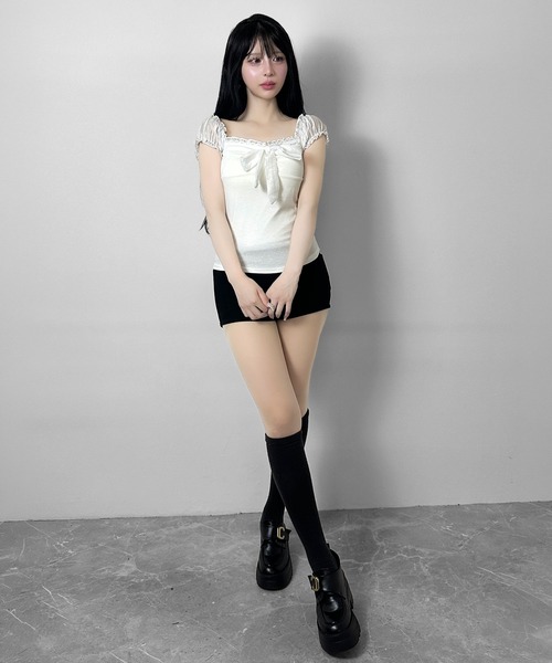 FOLLOWIN(フォロウィン)の「【3color 】シアーパフ袖リボントップス(Tシャツ/カットソー・レディース・ベージュ/ホワイト/グレー・FREE)」の8枚目の写真