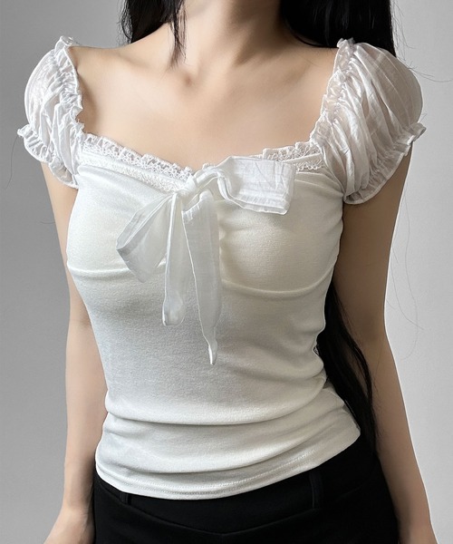 FOLLOWIN(フォロウィン)の「【3color 】シアーパフ袖リボントップス(Tシャツ/カットソー・レディース・ベージュ/ホワイト/グレー・FREE)」の5枚目の写真