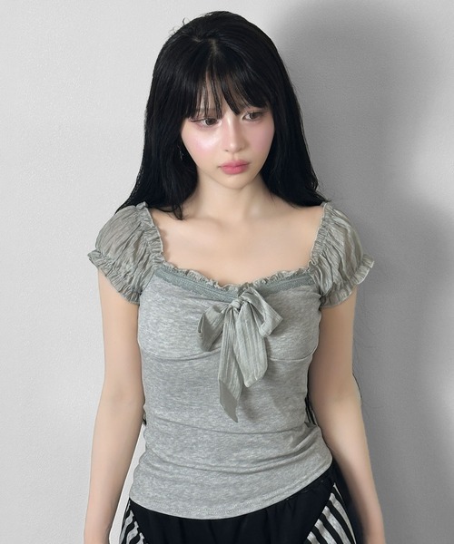 FOLLOWIN(フォロウィン)の「【3color 】シアーパフ袖リボントップス(Tシャツ/カットソー・レディース・ベージュ/ホワイト/グレー・FREE)」の22枚目の写真