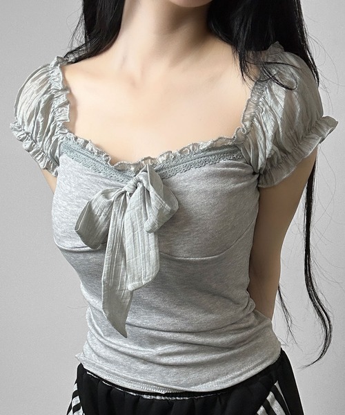 FOLLOWIN(フォロウィン)の「【3color 】シアーパフ袖リボントップス(Tシャツ/カットソー・レディース・ベージュ/ホワイト/グレー・FREE)」の14枚目の写真