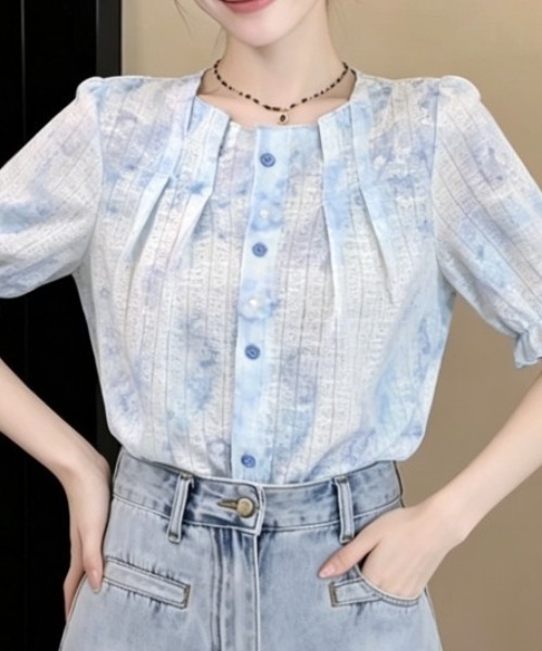 AMAJI(アマジ)の「配色切替 フリル袖シャツ(シャツ/ブラウス・レディース・ライトブルー・SMALL/MEDIUM/LARGE/X-LARGE)」の3枚目の写真