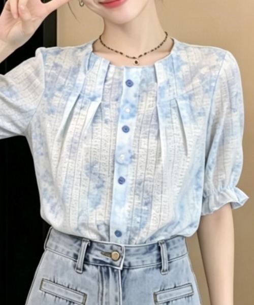 AMAJI(アマジ)の「配色切替 フリル袖シャツ(シャツ/ブラウス・レディース・ライトブルー・SMALL/MEDIUM/LARGE/X-LARGE)」の4枚目の写真