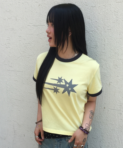 NICE GHOST CLUB(ナイスゴーストクラブ)の「CHECK 3STAR BASIC RINGER TEE_YELLOW(NG2GMUT537A)(Tシャツ/カットソー・レディース・イエロー・SMALL/MEDIUM/LARGE)」の1枚目の写真