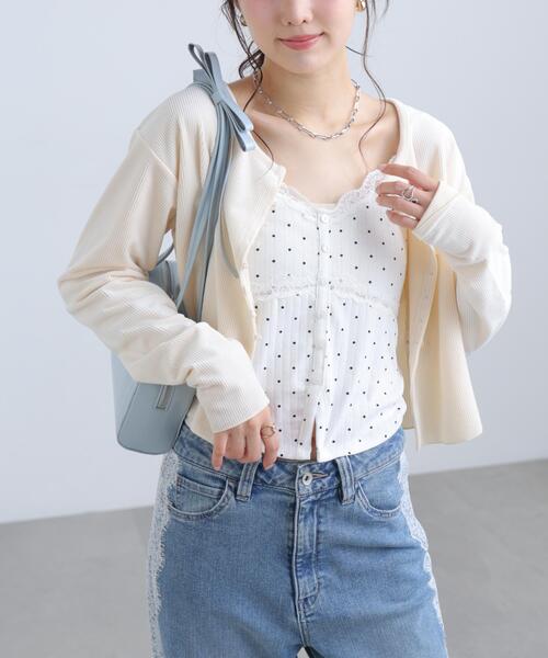 FREE'S MART(フリーズマート)の「◆ベロアリブカーディガン(Tシャツ/カットソー・レディース・ホワイト/ブラウン/ピンク・FREE)」の1枚目の写真