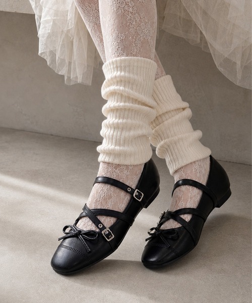 shoes365（シューズスリーシックスファイヴ）の「SHOES 365　クロスストラップバレエシューズ リボン付き スクエアトゥ メリージェーン フラットパンプス（パンプス・レディース・ブラック/レオパード・23.5cm/24.0cm/24.5cm/23.0cm）」の2枚目の写真