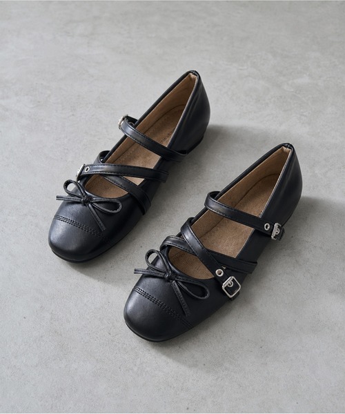 shoes365（シューズスリーシックスファイヴ）の「SHOES 365　クロスストラップバレエシューズ リボン付き スクエアトゥ メリージェーン フラットパンプス（パンプス・レディース・ブラック/レオパード・23.5cm/24.0cm/24.5cm/23.0cm）」の21枚目の写真