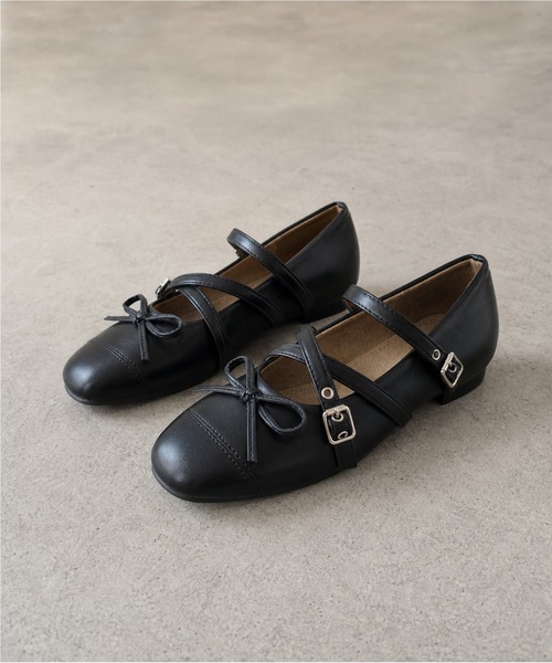 shoes365（シューズスリーシックスファイヴ）の「SHOES 365　クロスストラップバレエシューズ リボン付き スクエアトゥ メリージェーン フラットパンプス（パンプス・レディース・ブラック/レオパード・23.5cm/24.0cm/24.5cm/23.0cm）」の19枚目の写真