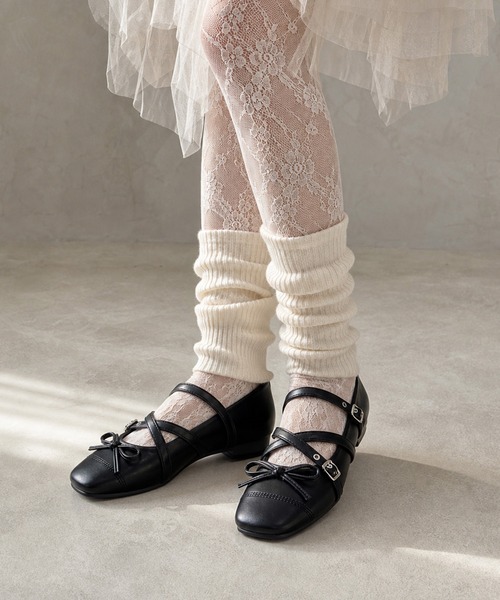 shoes365（シューズスリーシックスファイヴ）の「SHOES 365　クロスストラップバレエシューズ リボン付き スクエアトゥ メリージェーン フラットパンプス（パンプス・レディース・ブラック/レオパード・23.5cm/24.0cm/24.5cm/23.0cm）」の4枚目の写真