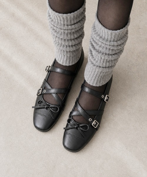 shoes365（シューズスリーシックスファイヴ）の「SHOES 365　クロスストラップバレエシューズ リボン付き スクエアトゥ メリージェーン フラットパンプス（パンプス・レディース・ブラック/レオパード・23.5cm/24.0cm/24.5cm/23.0cm）」の6枚目の写真
