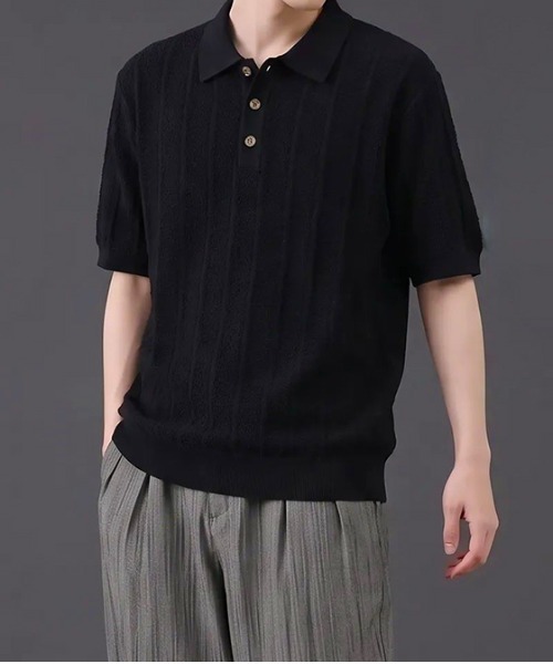 revertical(リバーティカル)の「透かし編み ニットポロシャツ 半袖(ポロシャツ・メンズ・ブラック/ネイビー/ホワイト・MEDIUM/LARGE)」の2枚目の写真