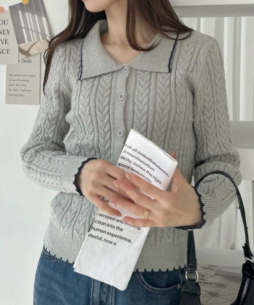 Ada.(エイダ)の「パイピングデザイン ポロカラー ミニケーブル ニットカーディガン(ニット/セーター・レディース・ブラック/ホワイト/グレー・FREE)」の10枚目の写真
