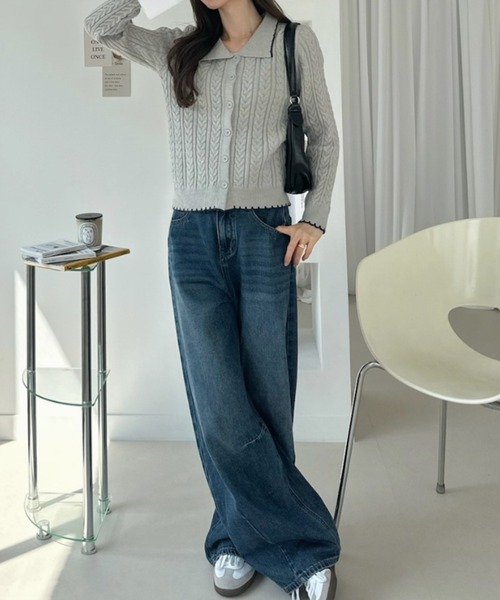 Ada.(エイダ)の「パイピングデザイン ポロカラー ミニケーブル ニットカーディガン(ニット/セーター・レディース・ブラック/ホワイト/グレー・FREE)」の11枚目の写真