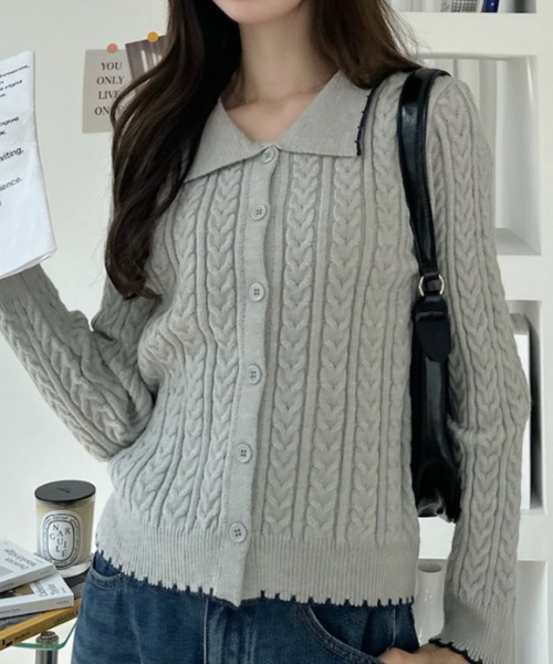 Ada.(エイダ)の「パイピングデザイン ポロカラー ミニケーブル ニットカーディガン(ニット/セーター・レディース・ブラック/ホワイト/グレー・FREE)」の14枚目の写真