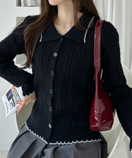 Ada.(エイダ)の「パイピングデザイン ポロカラー ミニケーブル ニットカーディガン(ニット/セーター・レディース・ブラック/ホワイト/グレー・FREE)」の16枚目の写真