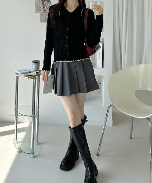 Ada.(エイダ)の「パイピングデザイン ポロカラー ミニケーブル ニットカーディガン(ニット/セーター・レディース・ブラック/ホワイト/グレー・FREE)」の17枚目の写真