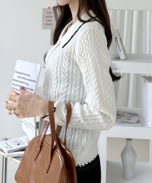 Ada.(エイダ)の「パイピングデザイン ポロカラー ミニケーブル ニットカーディガン(ニット/セーター・レディース・ブラック/ホワイト/グレー・FREE)」の8枚目の写真