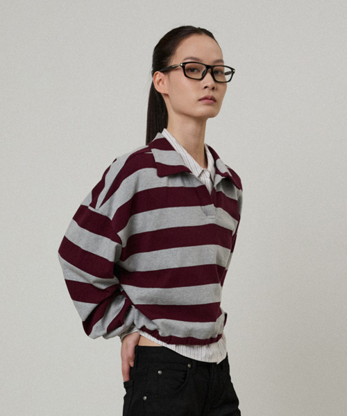 LMOOD WOMEN(エルムード ウーマン)の「MASONS ストライプ ラグビーシャツ バーガンディ/グレー ST(Tシャツ/カットソー・レディース・その他・36/38)」の1枚目の写真