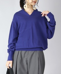 フーディー風ネックロングリブコットンニット