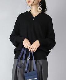 フーディー風ネックロングリブコットンニット