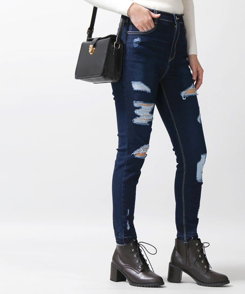 WEGO（ウィゴー）の「WEGO/ハイウエストクラッシュスキニーパンツ（デニムパンツ・レディース・インディゴブルー/ダークインディゴブルー/ライトインディゴブルー・SMALL/MEDIUM/LARGE）」の3枚目の写真