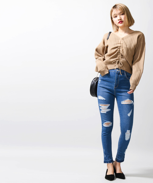 WEGO（ウィゴー）の「WEGO/ハイウエストクラッシュスキニーパンツ（デニムパンツ・レディース・インディゴブルー/ダークインディゴブルー/ライトインディゴブルー・SMALL/MEDIUM/LARGE）」の7枚目の写真