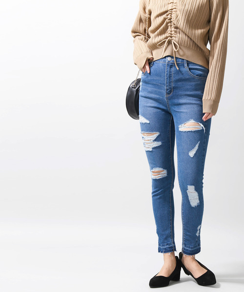 WEGO（ウィゴー）の「WEGO/ハイウエストクラッシュスキニーパンツ（デニムパンツ・レディース・インディゴブルー/ダークインディゴブルー/ライトインディゴブルー・SMALL/MEDIUM/LARGE）」の10枚目の写真