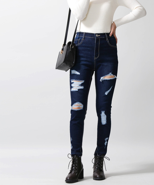 WEGO（ウィゴー）の「WEGO/ハイウエストクラッシュスキニーパンツ（デニムパンツ・レディース・インディゴブルー/ダークインディゴブルー/ライトインディゴブルー・SMALL/MEDIUM/LARGE）」の12枚目の写真