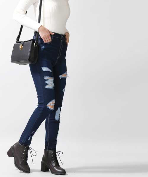 WEGO（ウィゴー）の「WEGO/ハイウエストクラッシュスキニーパンツ（デニムパンツ・レディース・インディゴブルー/ダークインディゴブルー/ライトインディゴブルー・SMALL/MEDIUM/LARGE）」の6枚目の写真