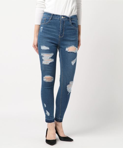 WEGO（ウィゴー）の「WEGO/ハイウエストクラッシュスキニーパンツ（デニムパンツ・レディース・インディゴブルー/ダークインディゴブルー/ライトインディゴブルー・SMALL/MEDIUM/LARGE）」の9枚目の写真