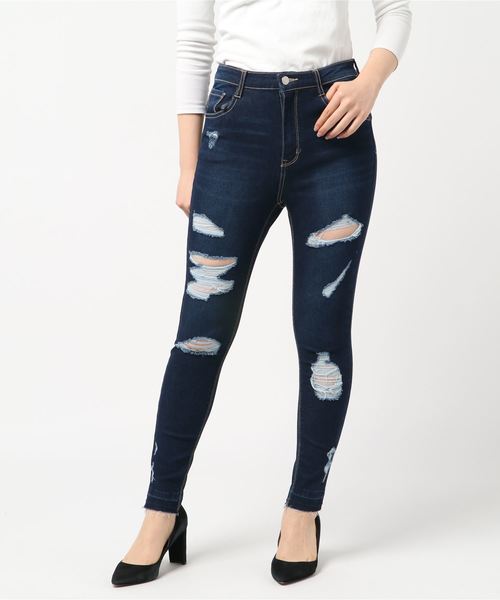 WEGO（ウィゴー）の「WEGO/ハイウエストクラッシュスキニーパンツ（デニムパンツ・レディース・インディゴブルー/ダークインディゴブルー/ライトインディゴブルー・SMALL/MEDIUM/LARGE）」の8枚目の写真