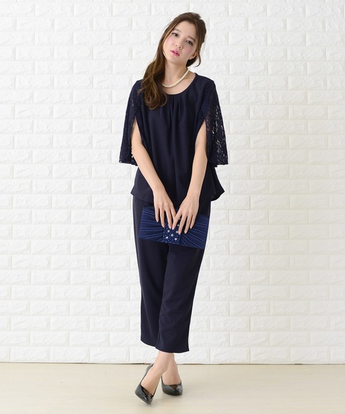 Lace Ladies（レースレディース）の「花柄レース袖シンプルセットアップ・パンツドレス（パンツドレス・レディース・ブラック/ネイビー・S/M/L/XL）」の2枚目の写真