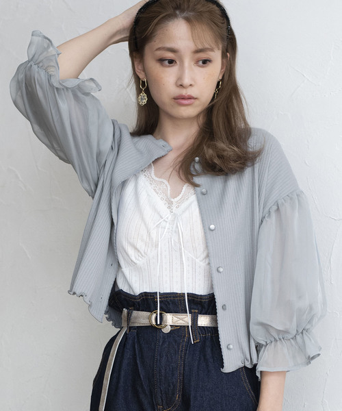 one after another NICE CLAUP(ワンアフターアナザーナイスクラップ)の「シアー切替テレコカーディガン(カーディガン/ボレロ・レディース・ブラック/ベージュ/ブルー/アイボリー・FREE)」の12枚目の写真