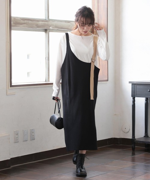 KOBE LETTUCE（コウベレタス）の「[ 2点セット ]ニットジャンスカワンピース+ロンTセット（ジャンパースカート・レディース・モカ/グレイッシュベージュ/ブラック・FREE）」の2枚目の写真