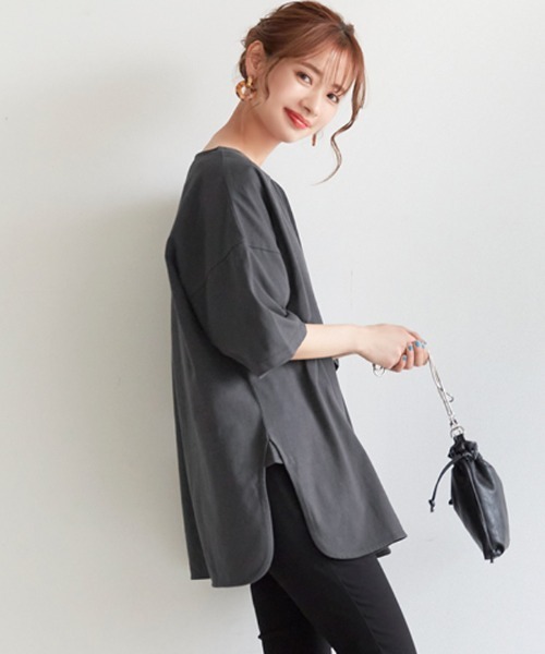 coca（coca）（コカ）の「サイドスリットビッグTシャツ COTTON from the US（Tシャツ/カットソー・レディース・チャコールグレー/ホワイト/その他/チャコール/ライトグレー・ONE SIZE/L/M）」の3枚目の写真