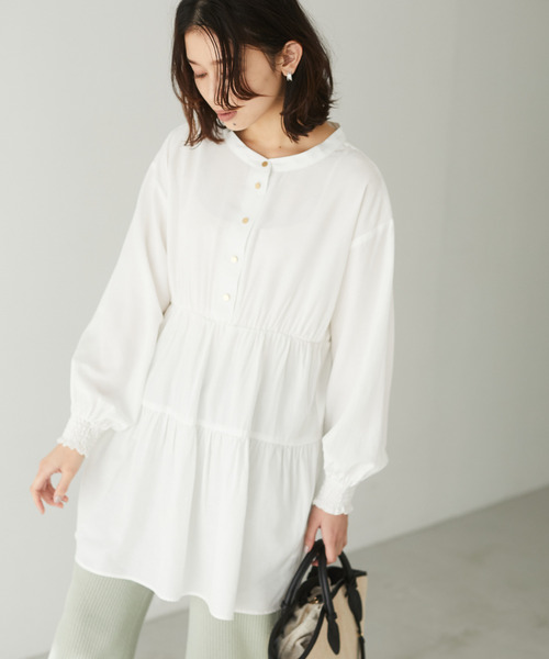 Green　Parks（グリーンパークス）の「<前後2way>ティアードチュニックブラウス＊（チュニック・レディース・ブラック/オフホワイト/ミント/ピンクベージュ・FREE）」の5枚目の写真