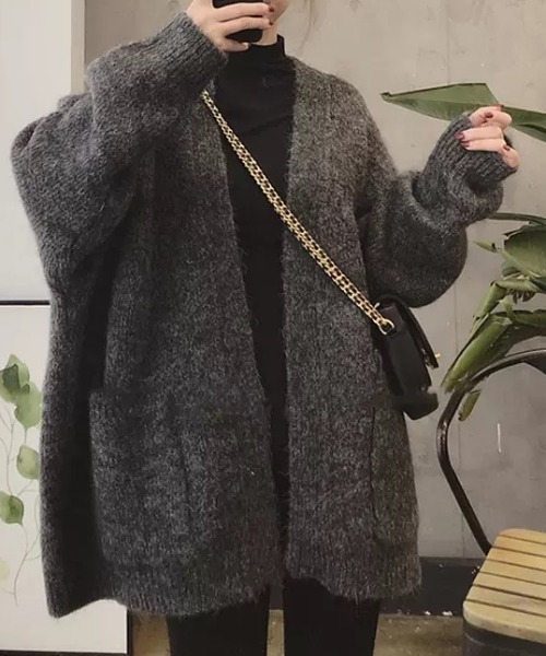 ACT（アクト）の「ウールタッチ ノーカラー ポケット付きニットジャケット（ノーカラージャケット・レディース・ベージュ/ダークグレー・S/M/L/XL）」の2枚目の写真