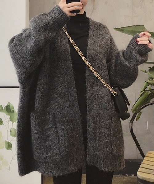 ACT（アクト）の「ウールタッチ ノーカラー ポケット付きニットジャケット（ノーカラージャケット・レディース・ベージュ/ダークグレー・S/M/L/XL）」の5枚目の写真