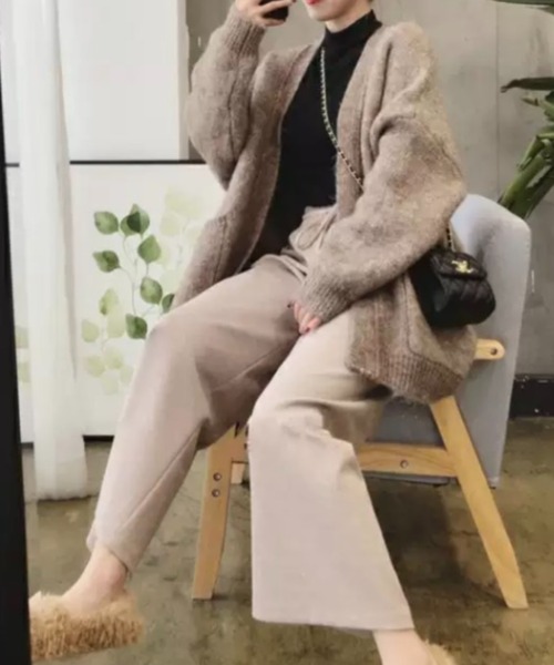 ACT（アクト）の「ウールタッチ ノーカラー ポケット付きニットジャケット（ノーカラージャケット・レディース・ベージュ/ダークグレー・S/M/L/XL）」の7枚目の写真