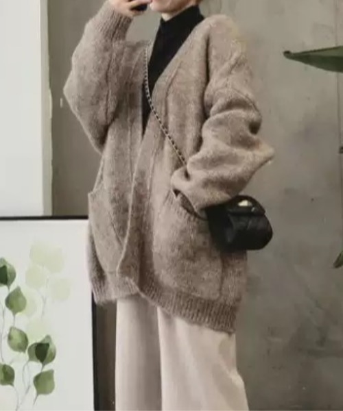 ACT（アクト）の「ウールタッチ ノーカラー ポケット付きニットジャケット（ノーカラージャケット・レディース・ベージュ/ダークグレー・S/M/L/XL）」の11枚目の写真