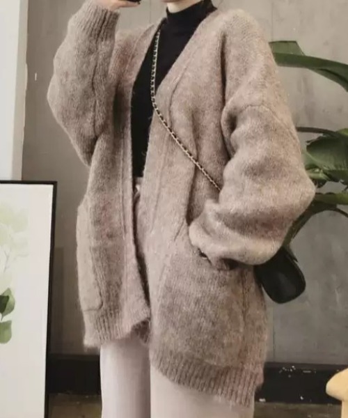 ACT（アクト）の「ウールタッチ ノーカラー ポケット付きニットジャケット（ノーカラージャケット・レディース・ベージュ/ダークグレー・S/M/L/XL）」の14枚目の写真