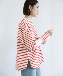 リブデザインボーダーロングTシャツ
