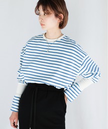リブデザインボーダーロングTシャツ