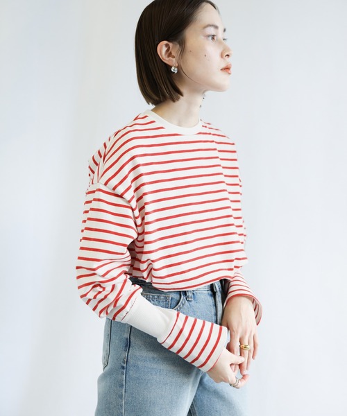 リブデザインボーダーロングTシャツ（Tシャツ/カットソー）｜select 