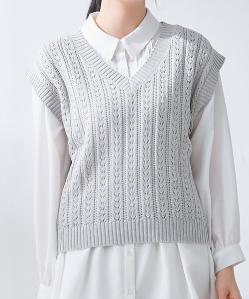 Honeys（ハニーズ）の「透かし編ベスト（ベスト・レディース・ベージュ/ホワイト/ライトグレー/ピンク/ブラック・M/L/S）」の4枚目の写真